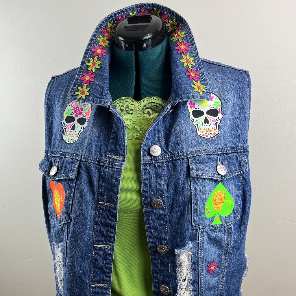 Distressed Denim Vest - One Of A Kind - Customized With Day Of The Dead Skulls